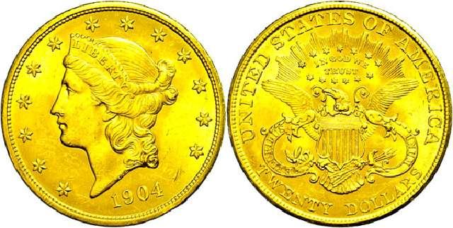 Münze 20 Dollar USA 1904 Gold Kopf Liberty/Double Eagle #3161  2404