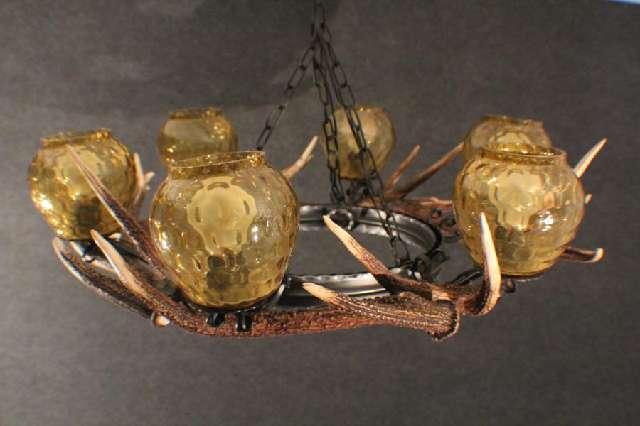 Deckenlampe, 6-armige Jägerlampe, 6-Ender Geweih, schmiedeeisener Rahmen #5181