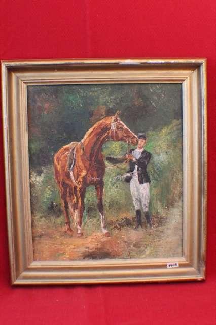 Bild, Pferd mit Jocky, Ölgemälde auf Leinwand, um 20. Jh. #1408