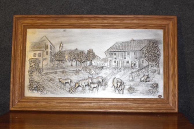 Bild, Zinn, Relief, Rahmen aus Eiche, ländliches Motiv Mühle #2689