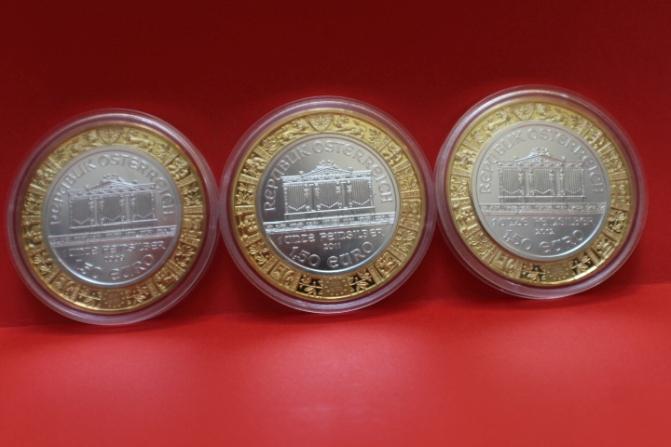 Münze 1,5 €, 3 Stück, Österreich 2009, 2011, 2012, Philharmoniker, ag 1 uz. + Goldra