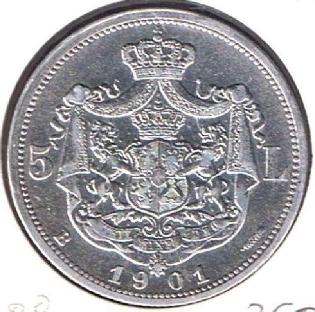 Münze 5 Lei, Rumänien, CAROL I, Wappen 1901, Silber #3012