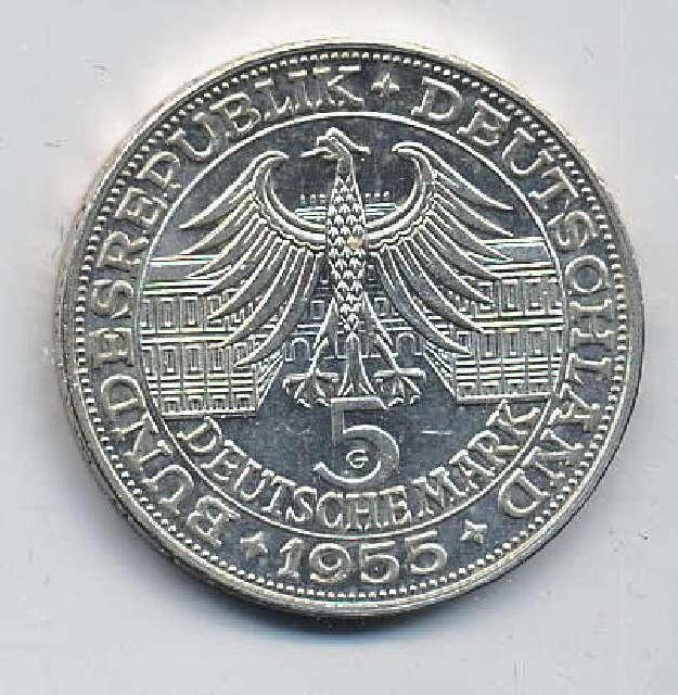 Münze 5 DM, Deutsche Mark, Silberadler 1955 G BRD, Ludwig Wilhelm Markgraf von Baden #3017