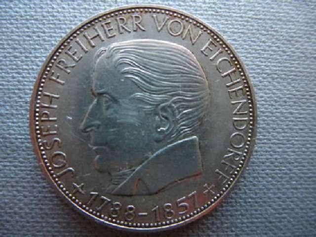 Münze 5 DM, Deutsche Mark, Silberadler 1957 J BRD, von Eichendorf  #3018