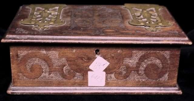 Schmuckkasten, Holzkasten mit Metallbeschlägen, aufklappbar, Schatulle, antik #6173