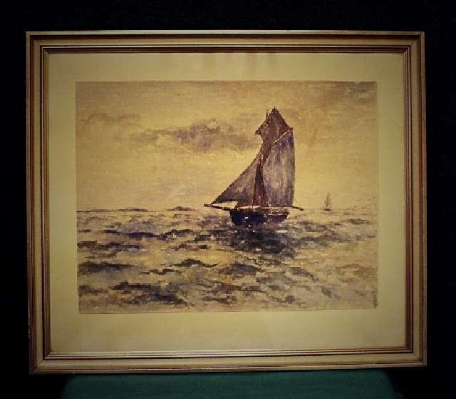 Bild, Druck, Aquarell, Segelboot auf See, mit Holzrahmen, antik #6239