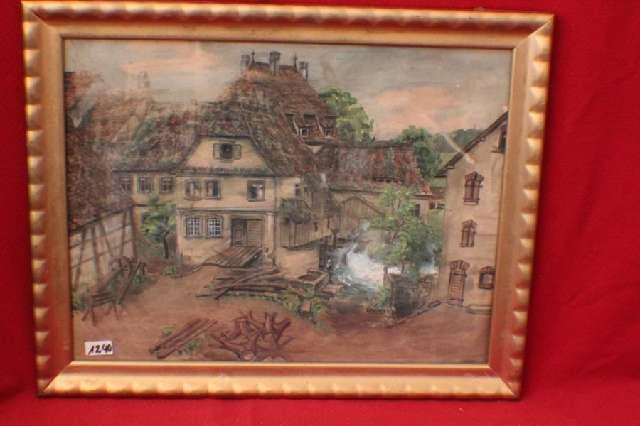 Bild, Landschaft Bauernhaus am Bach, Aquarell um 20. Jh. #1240