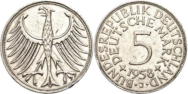 Münze 5 DM Silber, 1958 J  BRD Budesadler, sehr rar #3151